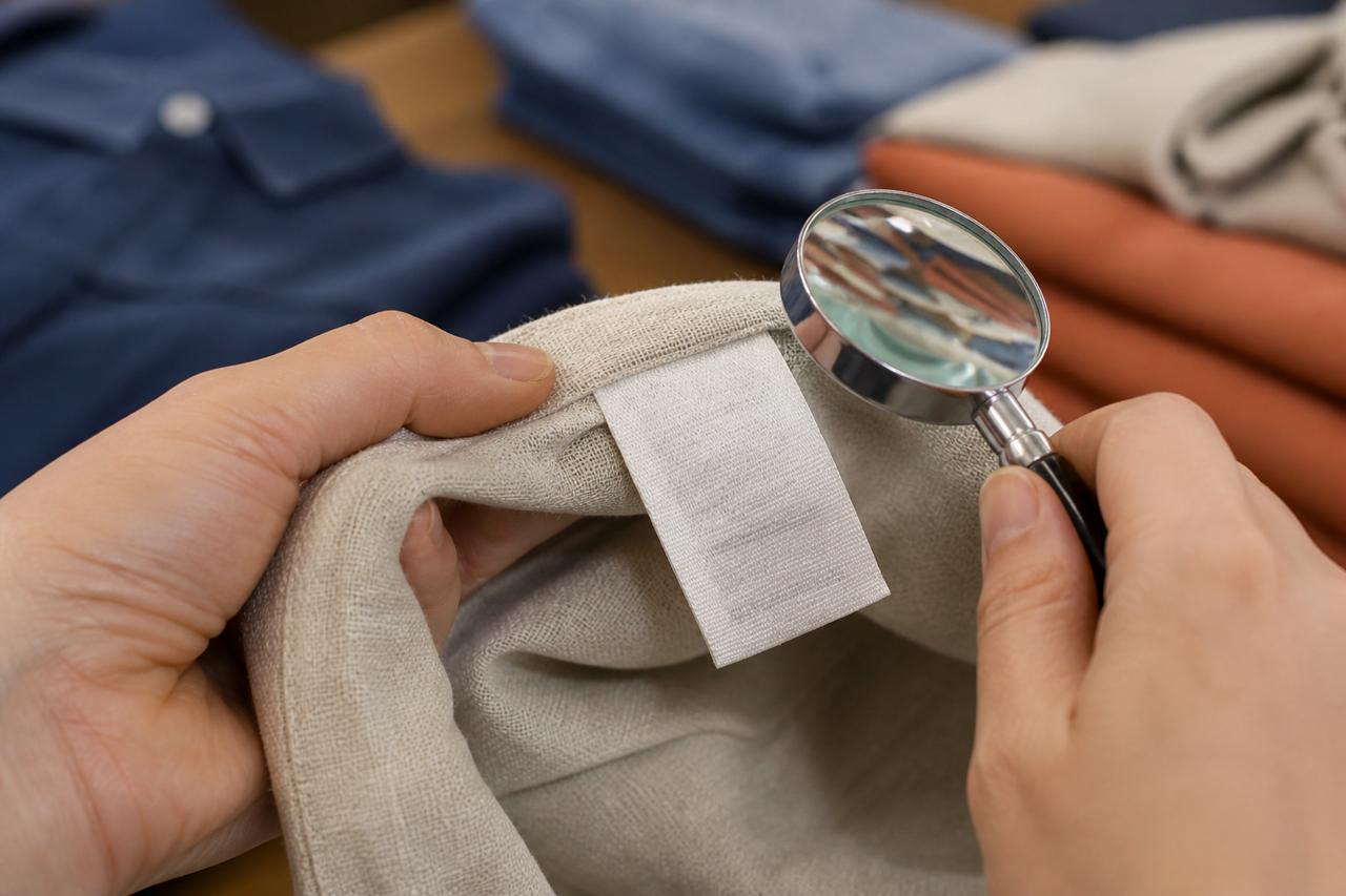 Manos que sostienen una etiqueta textil junto a una lupa, sobre prendas dobladas.
