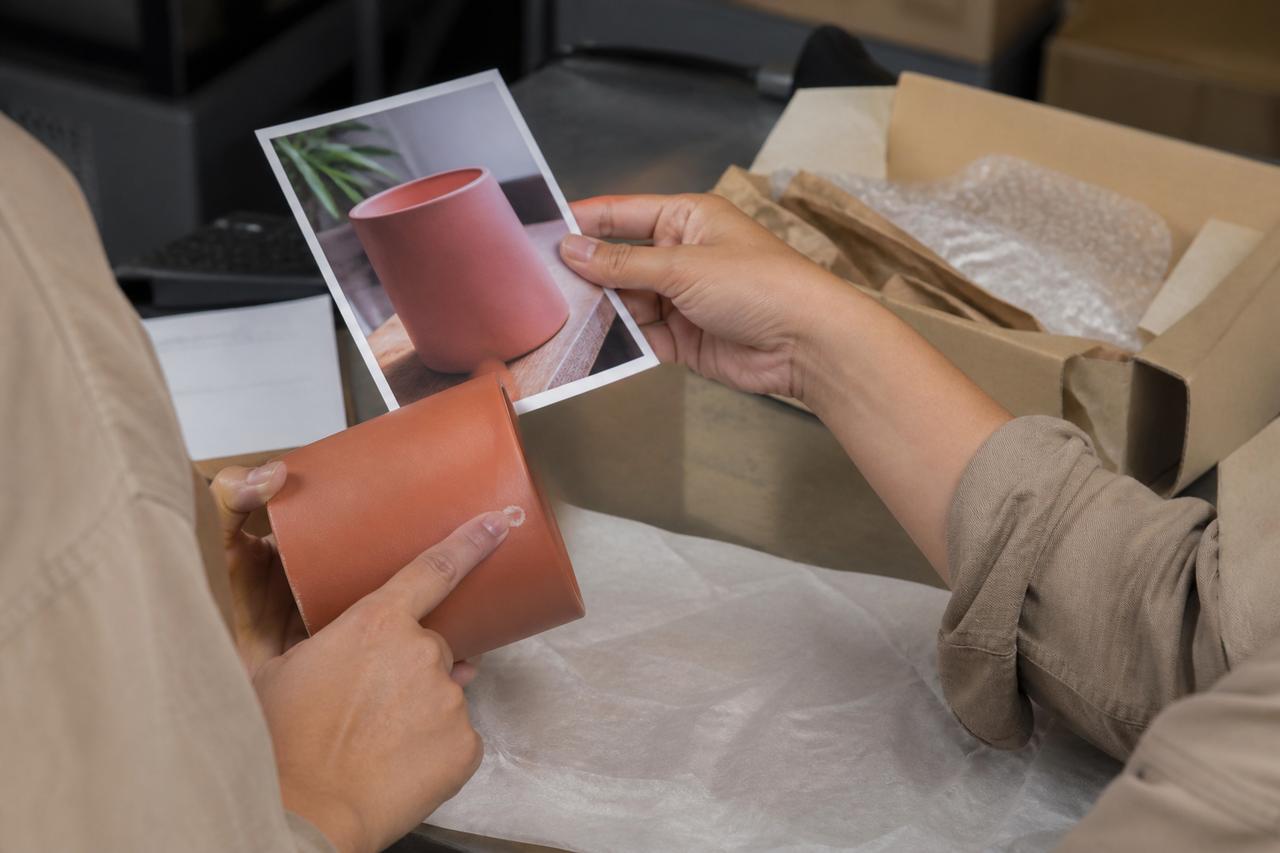 Manos que comparan una marca en un recipiente de cerámica con una fotografía del mismo objeto.