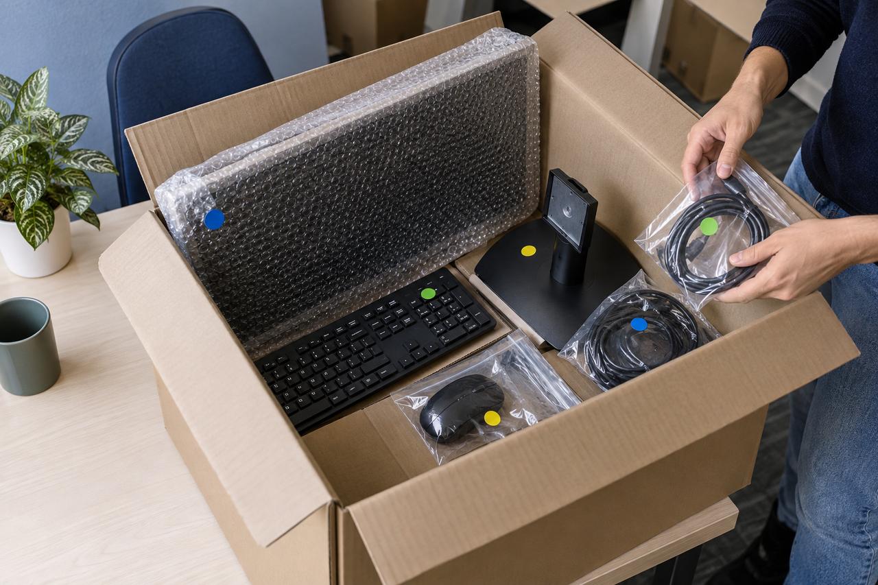 Una caja reúne ordenador, cables y accesorios identificados para un único puesto de trabajo.