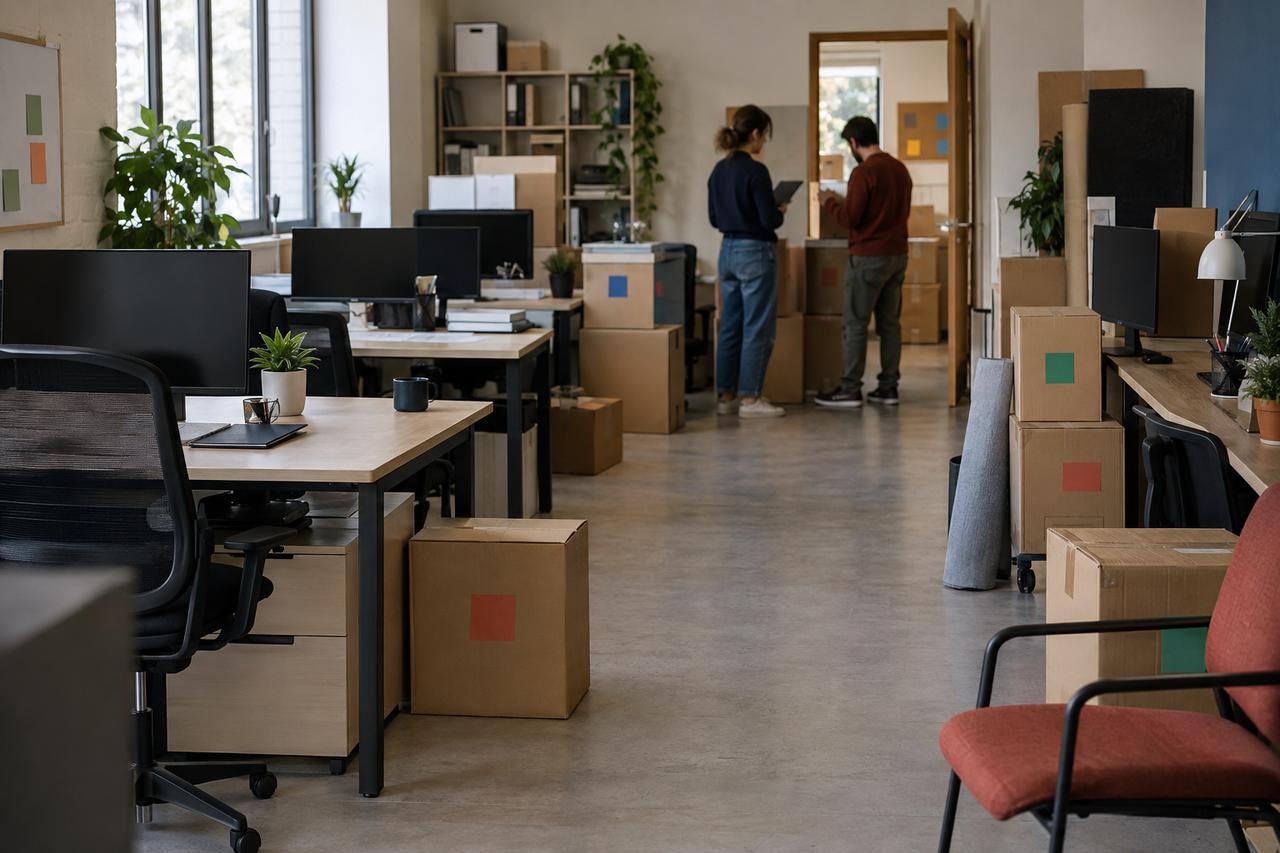 Puestos de oficina etiquetados por función mientras se prepara un traslado ordenado.