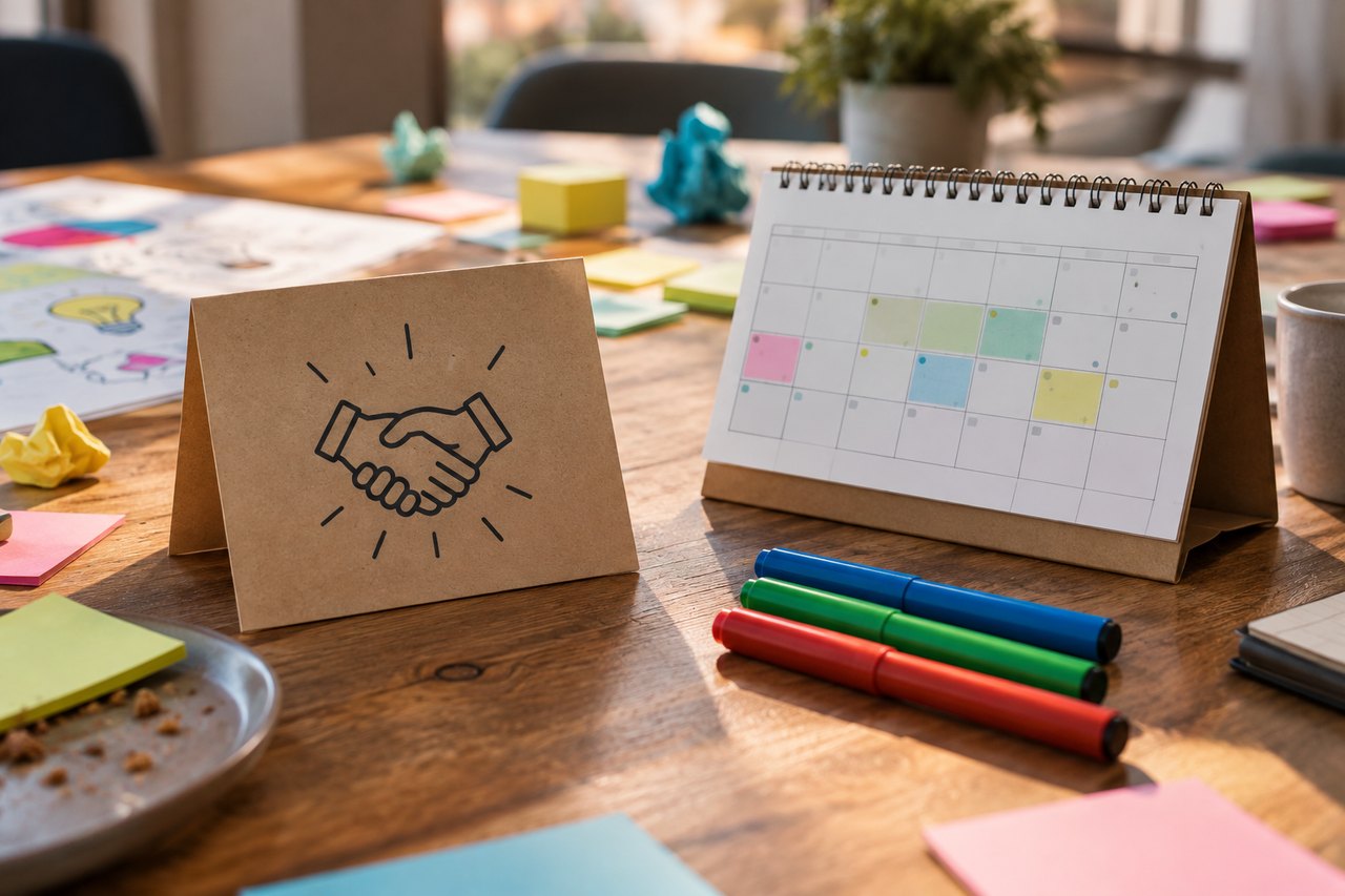 Tarjeta de acuerdo y calendario de dos semanas junto a una estructura creativa de cartón.