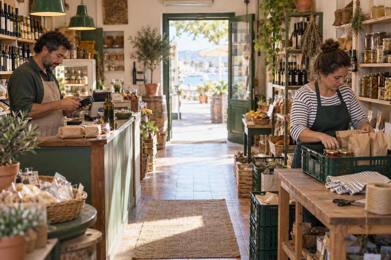 Dos personas preparan mercancía y comprueban el terminal de cobro en una pequeña tienda de alimentación.