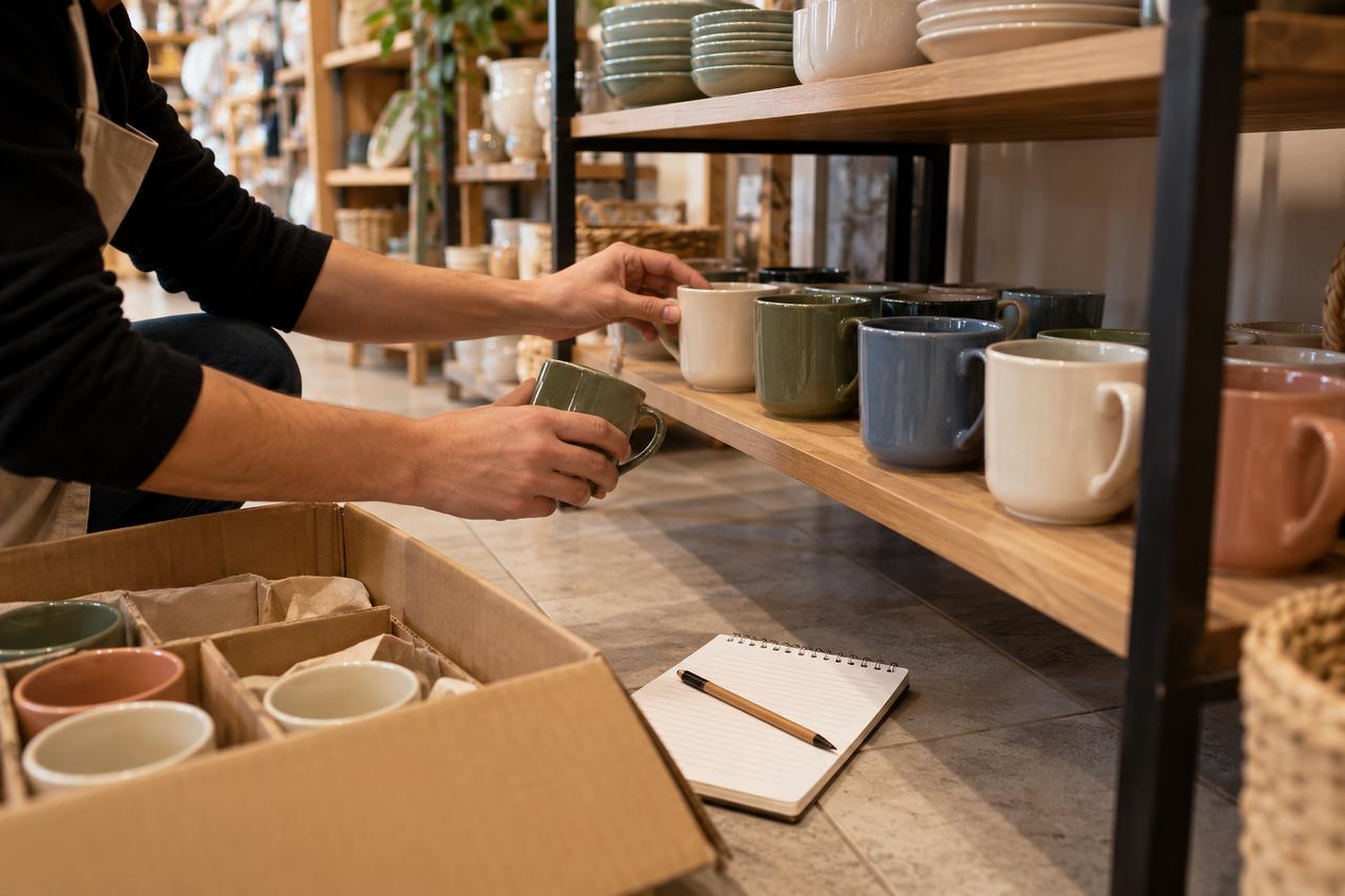 Manos contando tazas de distintos colores junto a una caja abierta en una estantería.