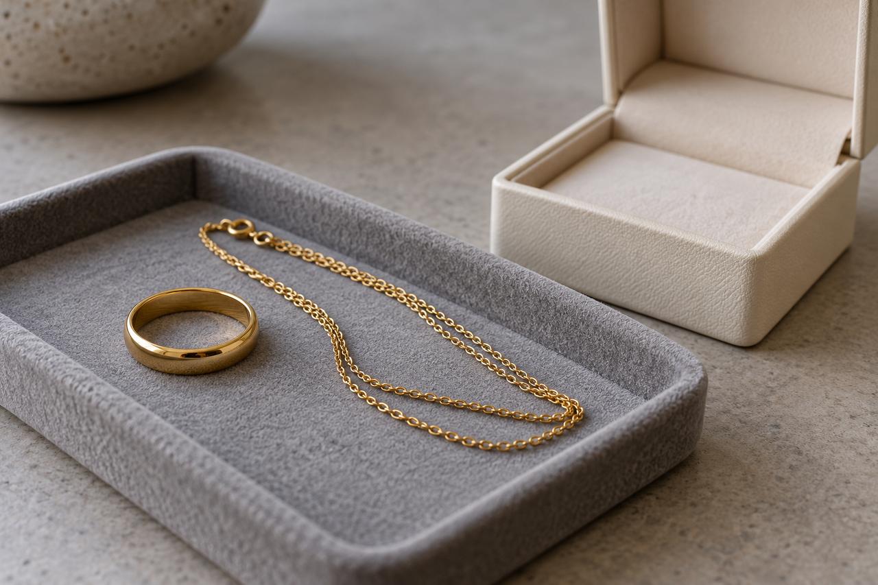 Un anillo y una cadena de oro sobre una bandeja, junto a un estuche abierto.