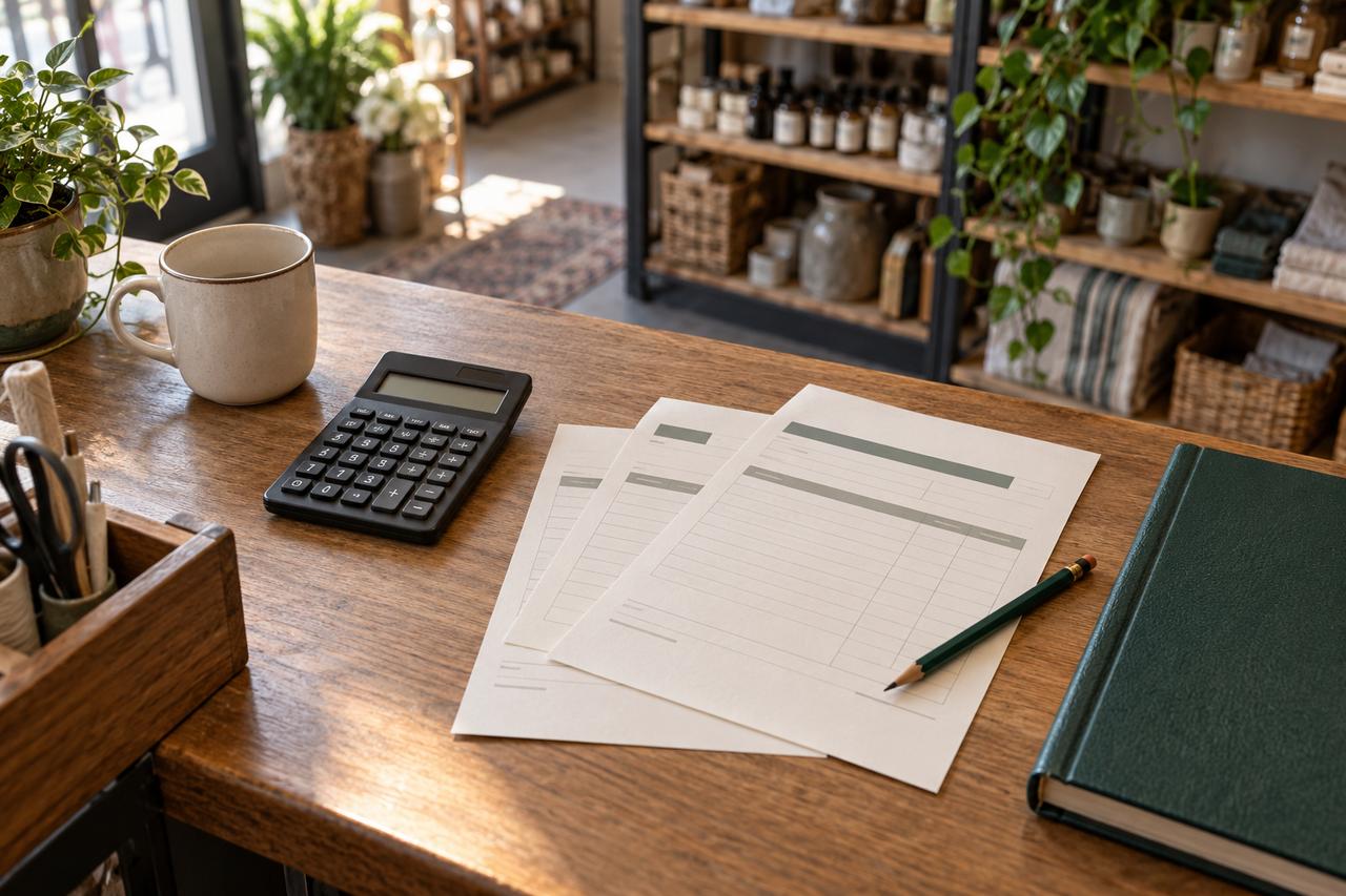 Calculadora, cuaderno cerrado y documentos sin datos legibles sobre una mesa de trabajo de una tienda.