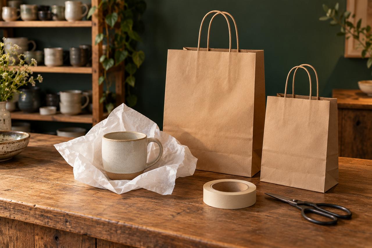 Una taza envuelta parcialmente en papel de seda junto a dos bolsas de distinto tamaño.