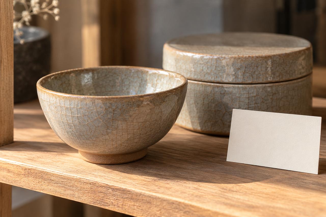 Cuenco decorativo de cerámica con acabado cuarteado, caja cerrada y tarjeta de producto.