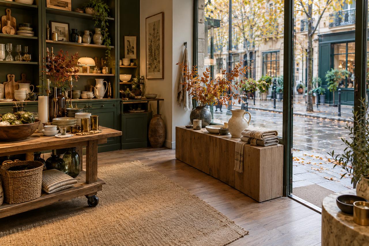 Escaparate de una tienda de hogar a medio renovar, con piezas esperando en una mesa y la entrada despejada.