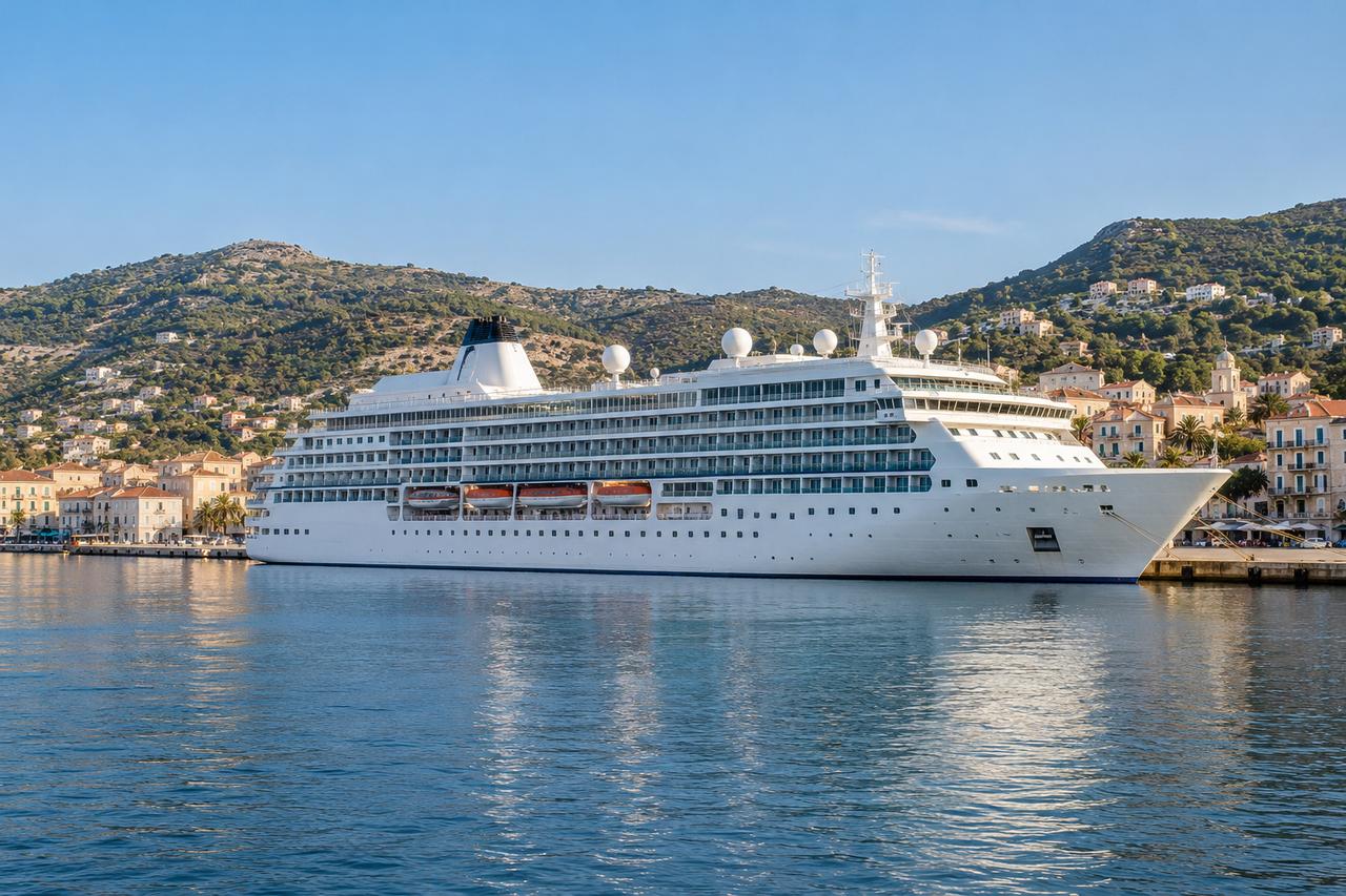 Barco de crucero atracado en un puerto mediterráneo, visto desde el paseo junto al agua.